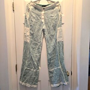 Vintage Y2K 100% Linen Pants EU 46/US 14 Angelo Marani Green White Straight Leg